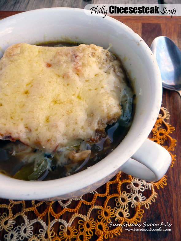 Philly Cheesesteak Soup ~ Sumptuous Spoonfuls #cheesy #beef #pepper & #onion #soup #recipe