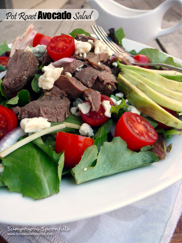 Pot Roast Avocado Salad ~ Sumptuous Spoonfuls #cookonceeattwice  #salad #recipe