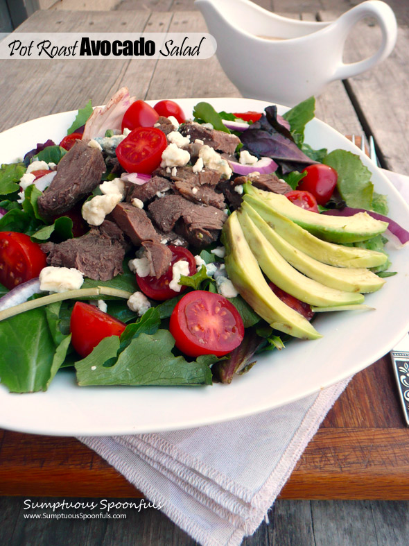 Pot Roast Avocado Salad ~ Sumptuous Spoonfuls #cookonceeattwice  #salad #recipe