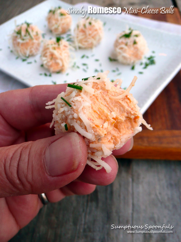 Smoky Romesco Mini Cheese Balls ~ Sumptuous Spoonfuls #redpepper #spicy #cheeseball #appetizer #recipe