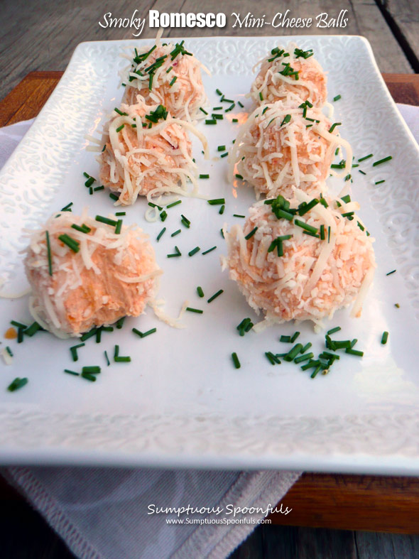 Smoky Romesco Mini Cheese Balls ~ Sumptuous Spoonfuls #redpepper #spicy #cheeseball #appetizer #recipe