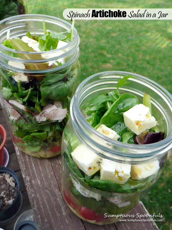 Spinach and Artichoke Salad in a Jar with marinated feta ~ Sumptuous Spoonfuls #saladinajar #recipe