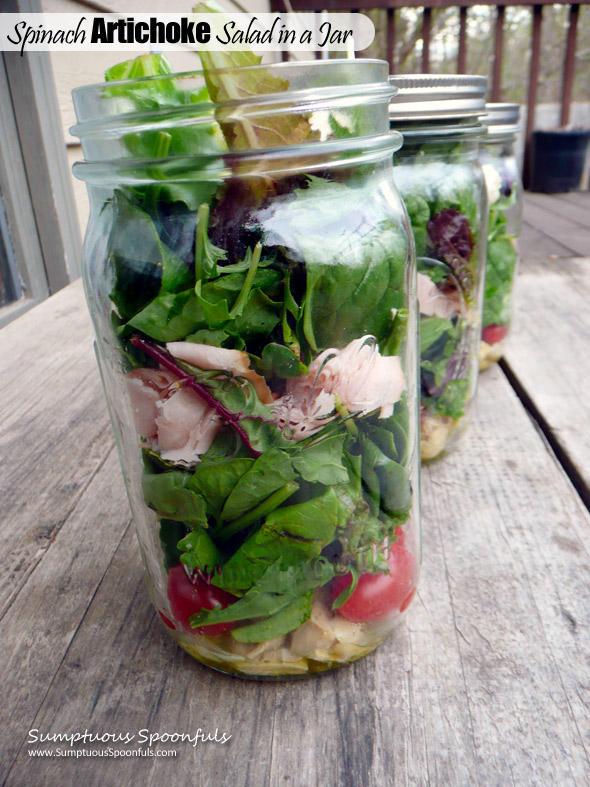 Spinach and Artichoke Salad in a Jar with marinated feta ~ Sumptuous Spoonfuls #saladinajar #recipe