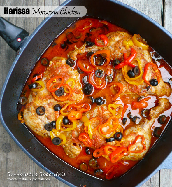 Harissa Moroccan Chicken w/Roasted Peppers & Olives ~ Sumptuous Spoonfuls #Mediterranean #chicken #dinner #recipe