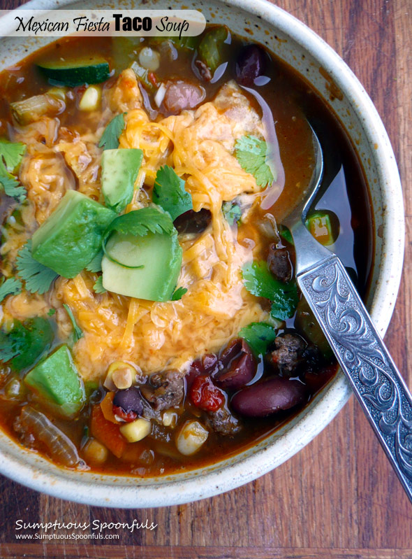 Mexican Fiesta Taco Soup ~ Sumptuous Spoonfuls #festive #taco #soup #recipe