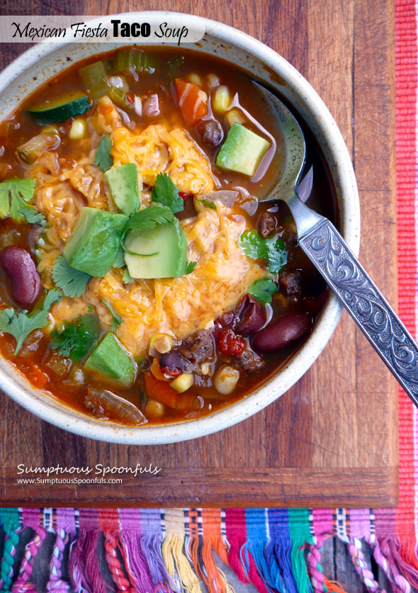 Mexican Fiesta Taco Soup ~ Sumptuous Spoonfuls #festive #taco #soup #recipe