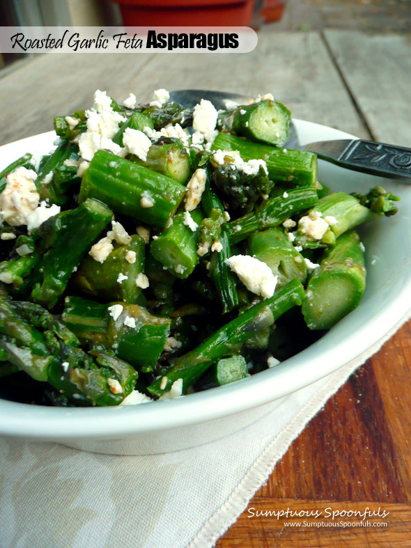 Roasted Garlic Feta Asparagus ~ Sumptuous Spoonfuls #fabulous #easy #sidedish #recipe