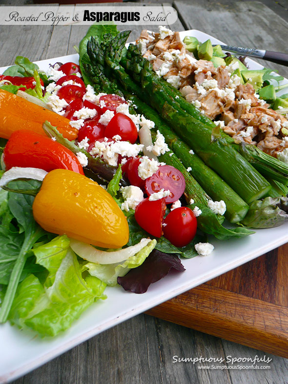 Roasted Pepper & Asparagus Salad with Chicken, Feta, and Avocado and a Sriracha Yogurt Ranch dressing ~ Sumptuous Spoonfuls #salad for #dinner #recipe