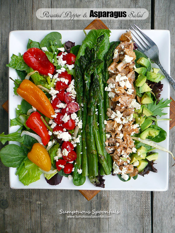 Roasted Pepper & Asparagus Salad with Chicken, Feta, and Avocado and a Sriracha Yogurt Ranch dressing ~ Sumptuous Spoonfuls #salad for #dinner #recipe