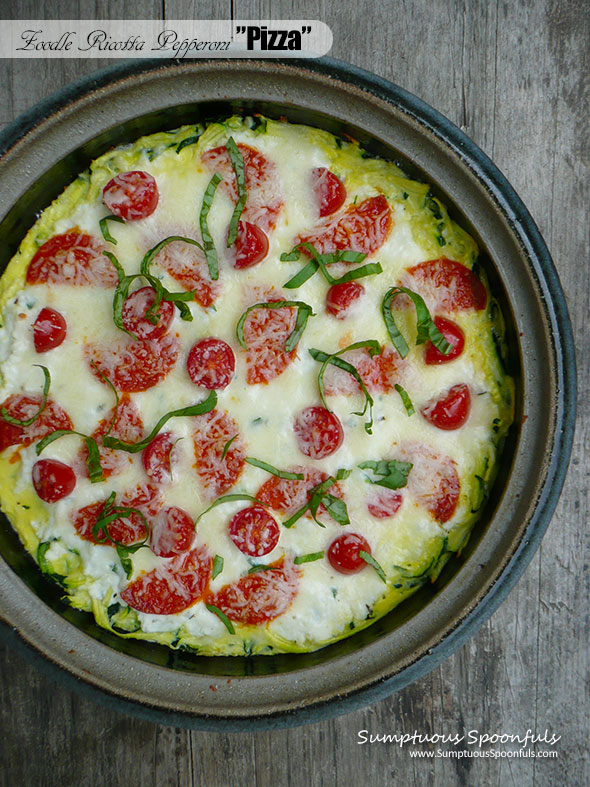Zucchini Noodle Pepperoni "Pizza" ~ Sumptuous Spoonfuls #healthy #cheesy #veggie #zoodle #recipe