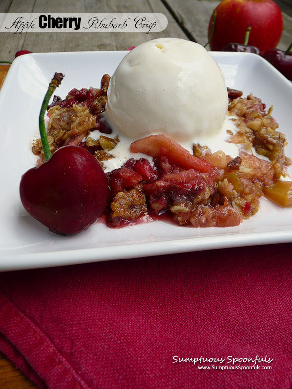 Apple Cherry Rhubarb Crisp with Toasted Pecans ~ Sumptuous Spoonfuls #easy #delightful #dessert #recipe