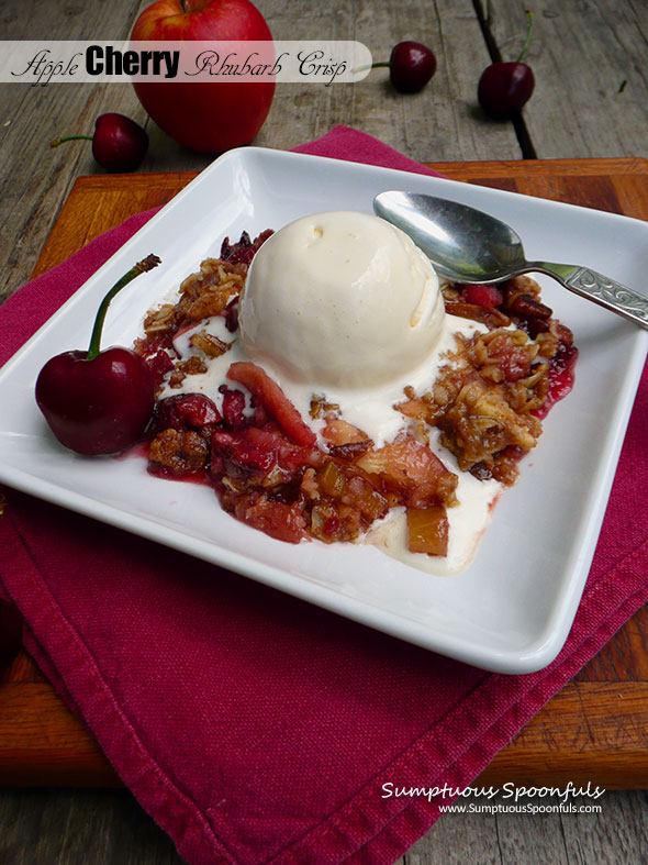 Apple Cherry Rhubarb Crisp with Toasted Pecans ~ Sumptuous Spoonfuls #easy #delightful #dessert #recipe