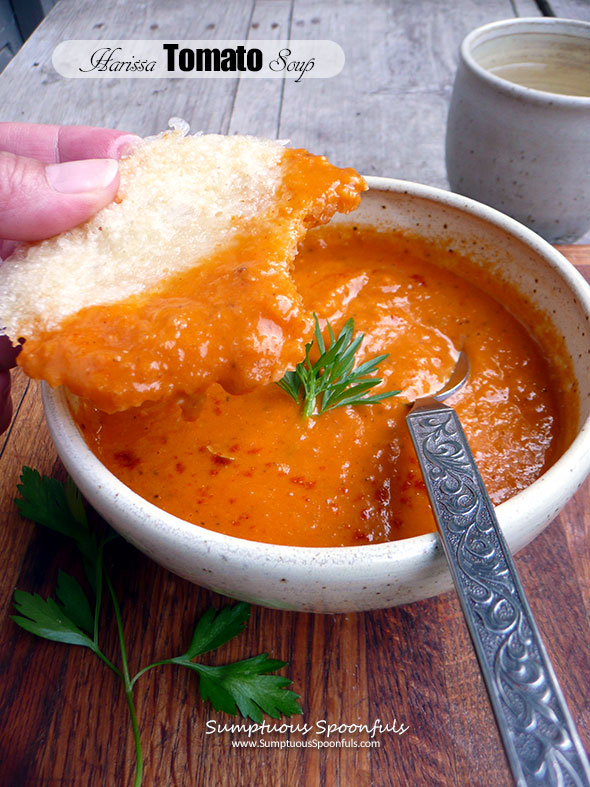 Harissa Tomato Soup with Cheese Crisps ~ Sumptuous Spoonfuls #harissa #tomato #soup #recipe