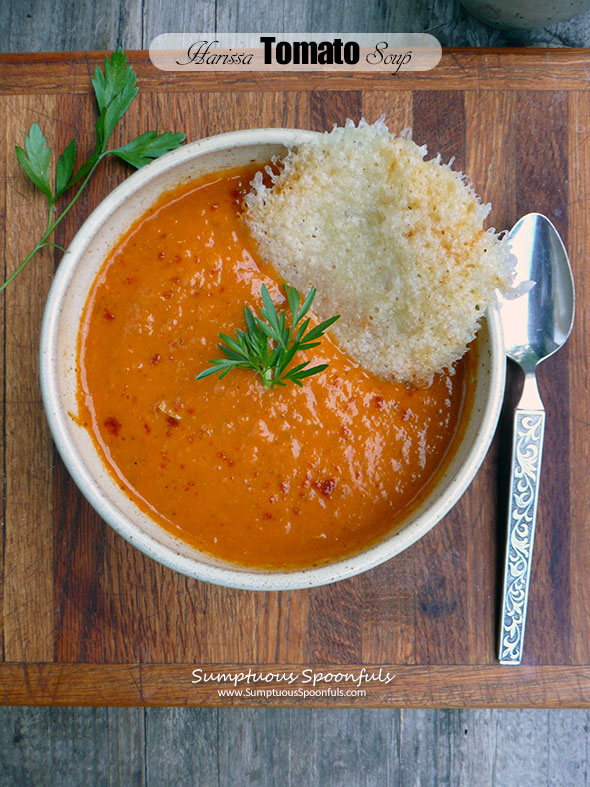 Harissa Tomato Soup with Cheese Crisps ~ Sumptuous Spoonfuls #harissa #tomato #soup #recipe
