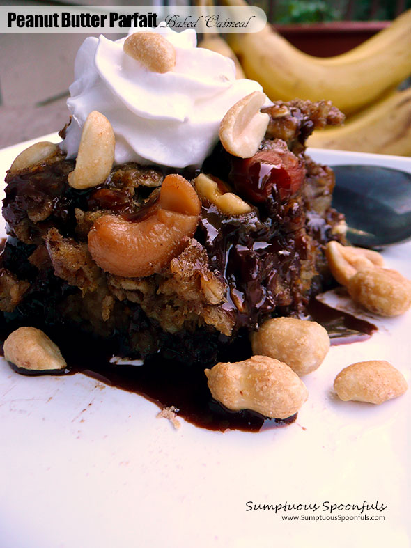 Peanut Butter Parfait Baked Oatmeal ~ Sumptuous Spoonfuls #baked #oatmeal #recipe Tastes just like a DQ Peanut Buster Parfait (made healthier)!!