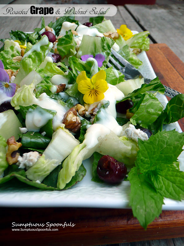 Roasted Grape & Walnut Salad with blue cheese, fresh mint and a maple ginger yogurt dressing ~ Sumptuous Spoonfuls #grape #salad #recipe