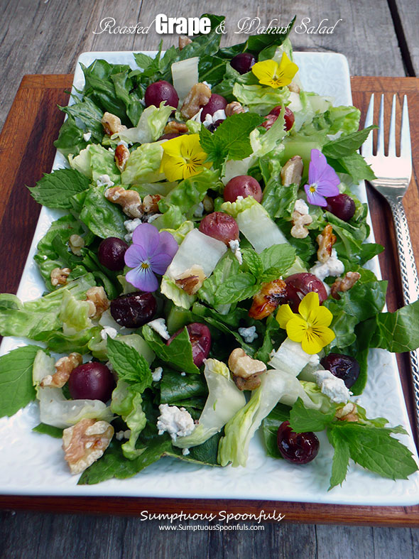 Roasted Grape & Walnut Salad with blue cheese, fresh mint and a maple ginger yogurt dressing ~ Sumptuous Spoonfuls #grape #salad #recipe