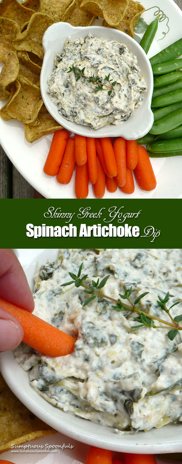 Skinny Greek Yogurt Spinach Artichoke Dip ~ Sumptuous Spoonfuls #healthy #hummus #GreekYogurt #SpinDip