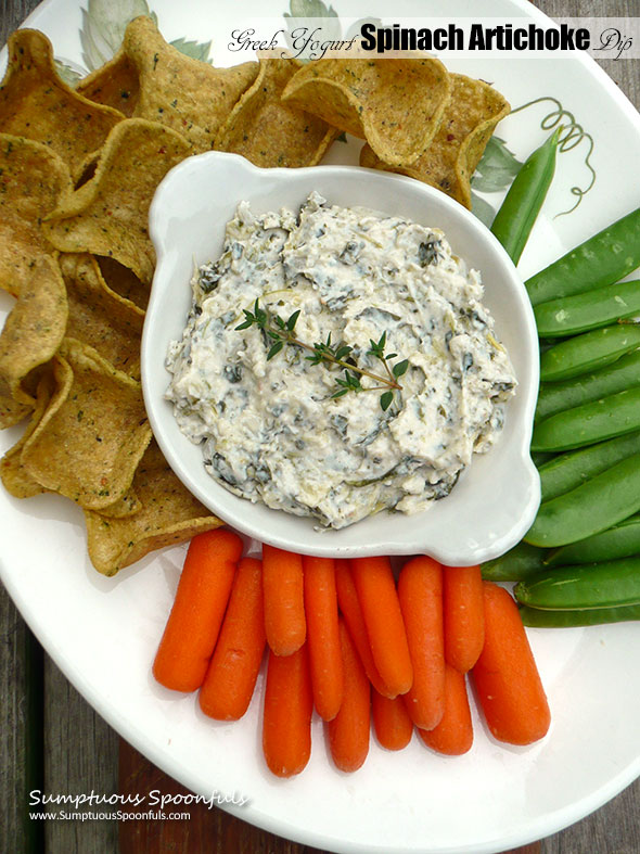 Skinny Greek Yogurt Spinach Artichoke Dip ~ Sumptuous Spoonfuls #healthy #hummus #GreekYogurt #SpinDip