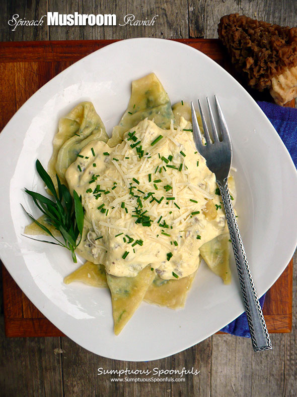 Spinach Mushroom Ravioli with Dreamy Mushroom Cream Sauce ~ Sumptuous Spoonfuls #homemade #wonton #ravioli #recipe