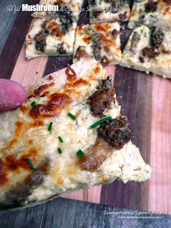 Wild Mushroom & Sausage White Pizza ~ Sumptuous Spoonfuls #mushroom #pizza #recipe