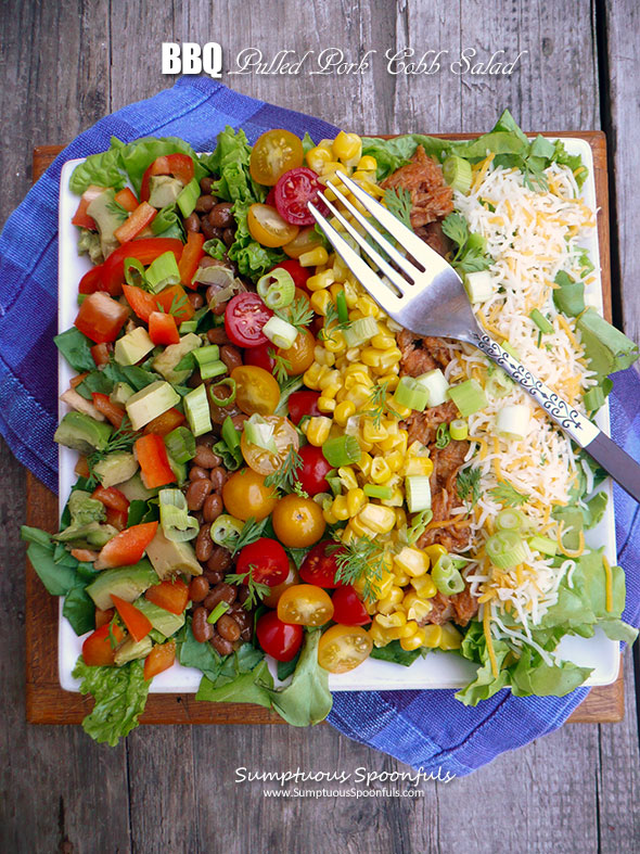 BBQ Pulled Pork Cobb Salad ~ Sumptuous Spoonfuls #barbecue #pork #dinner #salad #recipe