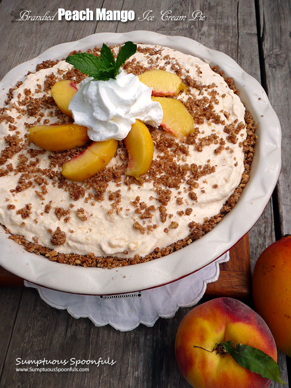 Brandied Peach Mango Ice Cream Pie ~ Sumptuous Spoonfuls #frozen #peach #dessert #recipe