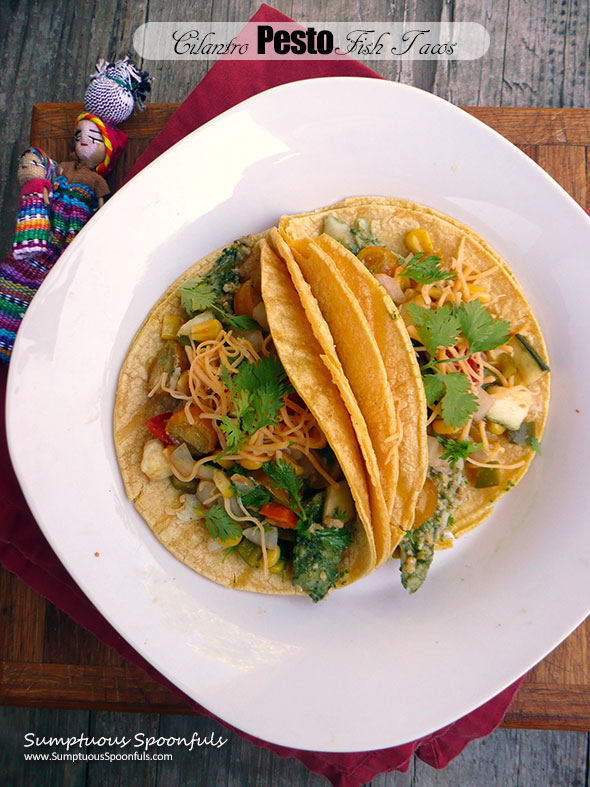 Cilantro Pesto Fish Tacos with Roasted Zucchini Corn Salsa ~ Sumptuous Spoonfuls #fish #taco #quickeasydinner #recipe