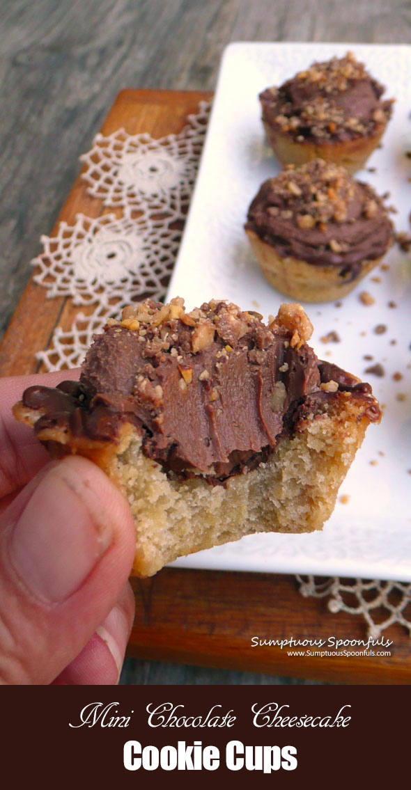 Mini Chocolate Cheesecake Cookie Cups ~ Sumptuous Spoonfuls #decadent #mini #chocolate #dessert #recipe