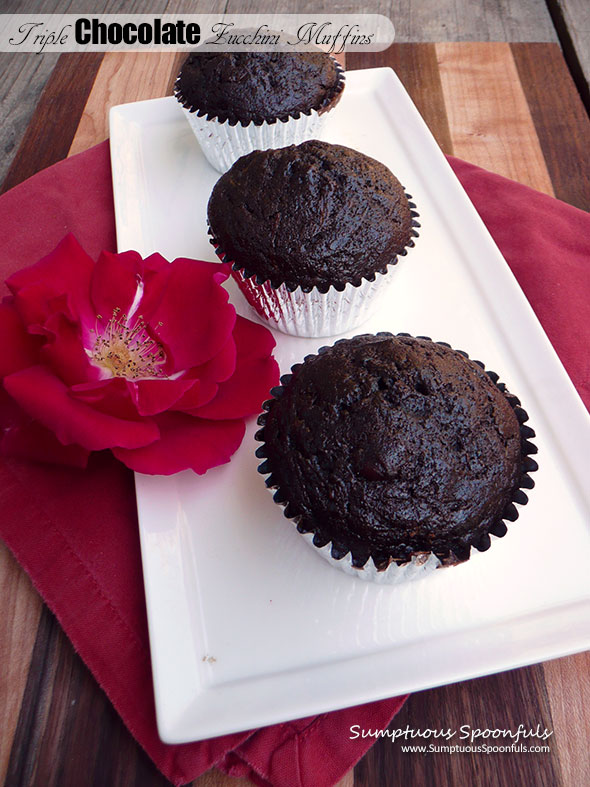 Triple Chocolate Zucchini Muffins ~ Sumptuous Spoonfuls #decadent #wholewheat #darkchocolate #muffins #zucchini