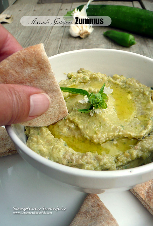 Avocado Jalapeno Zummus ~ Sumptuous Spoonfuls #spicy #zucchini #hummus #recipe