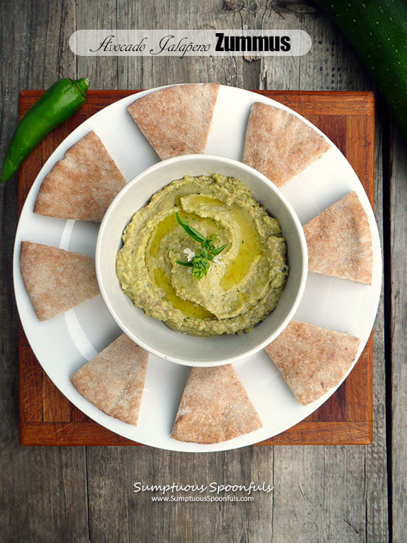 Avocado Jalapeno Zummus ~ Sumptuous Spoonfuls #spicy #zucchini #hummus #recipe