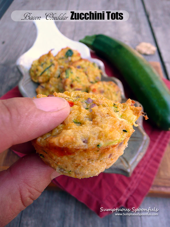 Bacon Cheddar Zucchini Tots ~ Sumptuous Spoonfuls #zucchini #sidedish #appetizer #snack #recipe