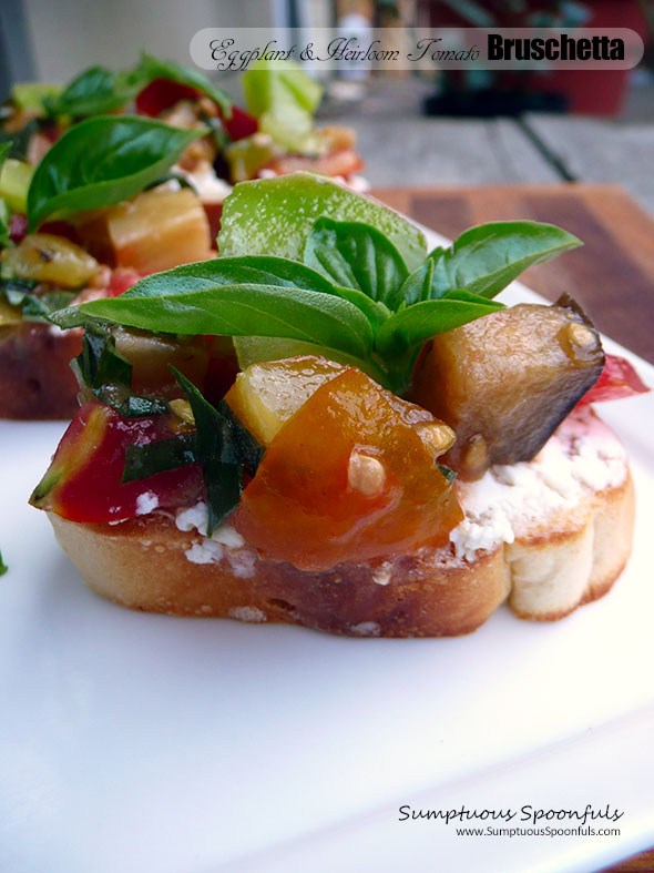 Roasted Eggplant & Heirloom Tomato Bruschetta ~ Sumptuous Spoonfuls #summer #tomato #appetizer #recipe