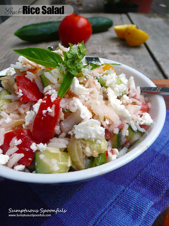 Greek Rice Salad Recipe ~ Sumptuous Spoonfuls #Mediterranean #Rice #Salad #Healthy #Glutenfree