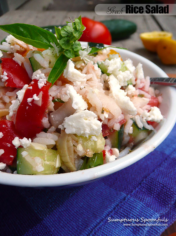 Greek Rice Salad Recipe ~ Sumptuous Spoonfuls #Mediterranean #Rice #Salad #Healthy #Glutenfree