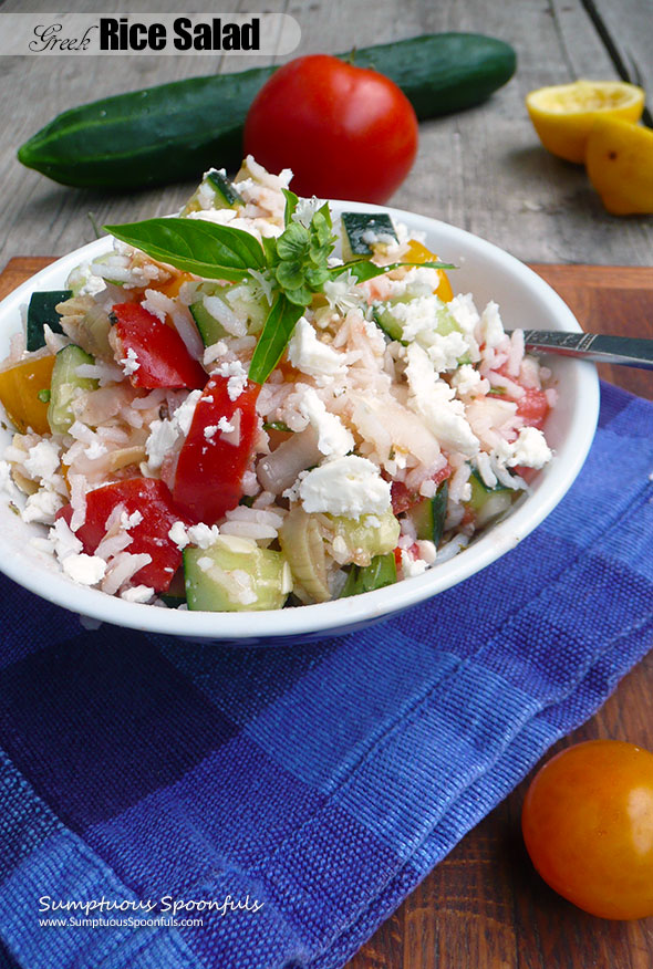 Greek Rice Salad Recipe ~ Sumptuous Spoonfuls #Mediterranean #Rice #Salad #Healthy #Glutenfree