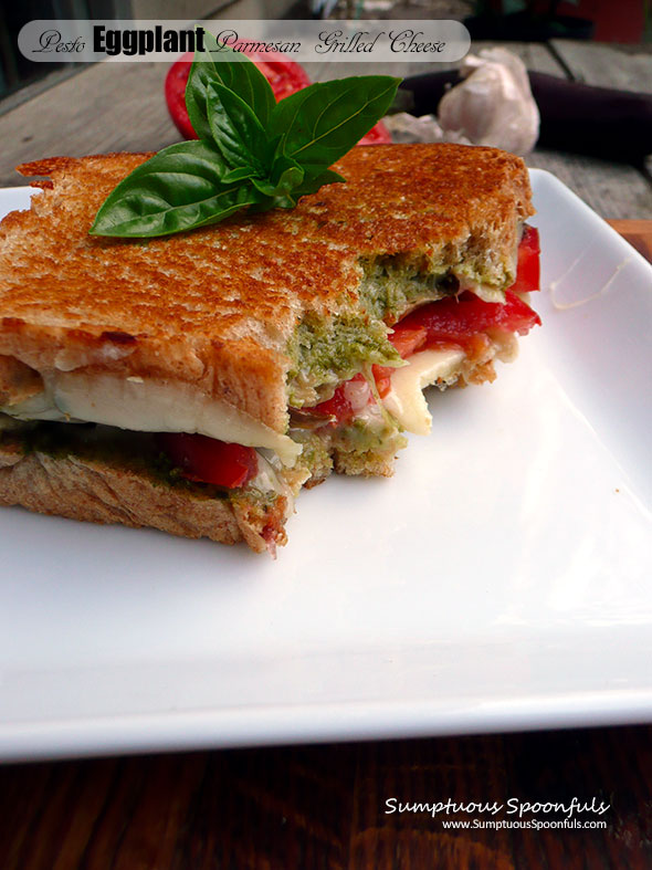 Pesto Eggplant Parmesan Grilled Cheese ~ Sumptuous Spoonfuls #vegetarian #eggplant #sandwich #recipe