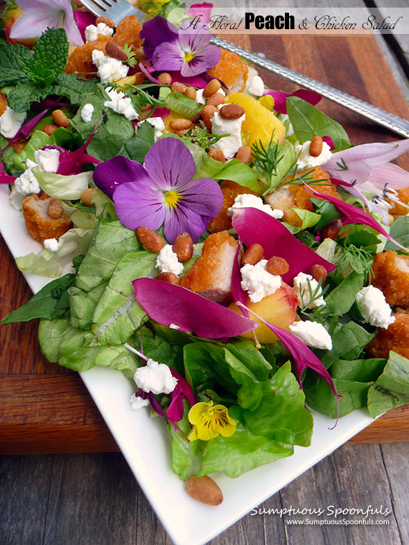 A Floral Peach & Chicken Salad with Tequila Honey Lime Vinaigrette ~ Sumptuous Spoonfuls #edible #flower #peach #chicken #salad #recipe