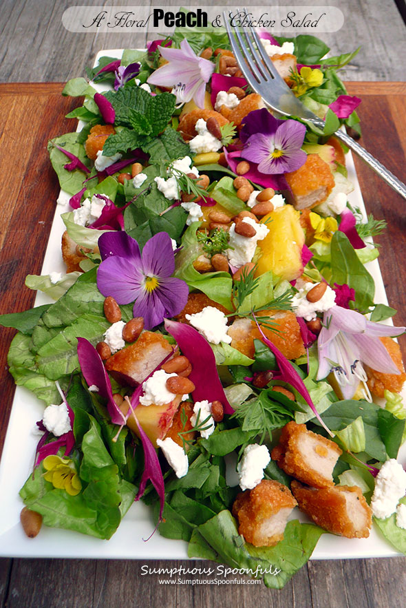 A Floral Peach & Chicken Salad with Tequila Honey Lime Vinaigrette ~ Sumptuous Spoonfuls #edible #flower #peach #chicken #salad #recipe