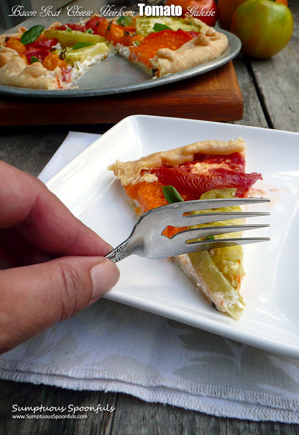 Bacon Goat Cheese Heirloom Tomato Galette ~ Sumptuous Spoonfuls #savory #tomato #pie #recipe
