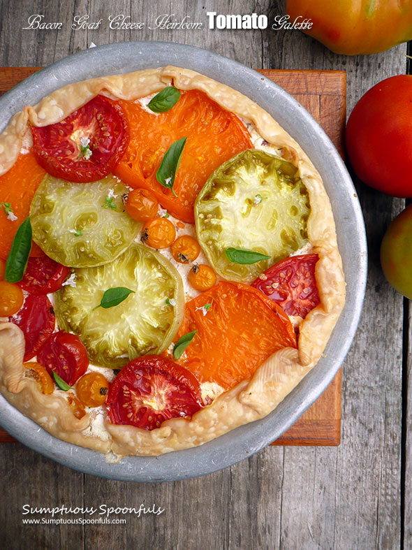 Bacon Goat Cheese Heirloom Tomato Galette ~ Sumptuous Spoonfuls #savory #tomato #pie #recipe