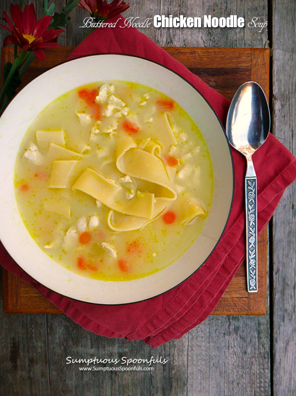 Buttered Noodle Chicken Noodle Soup ~ Sumptuous Spoonfuls #easy #chicken #noodle #soup #recipe