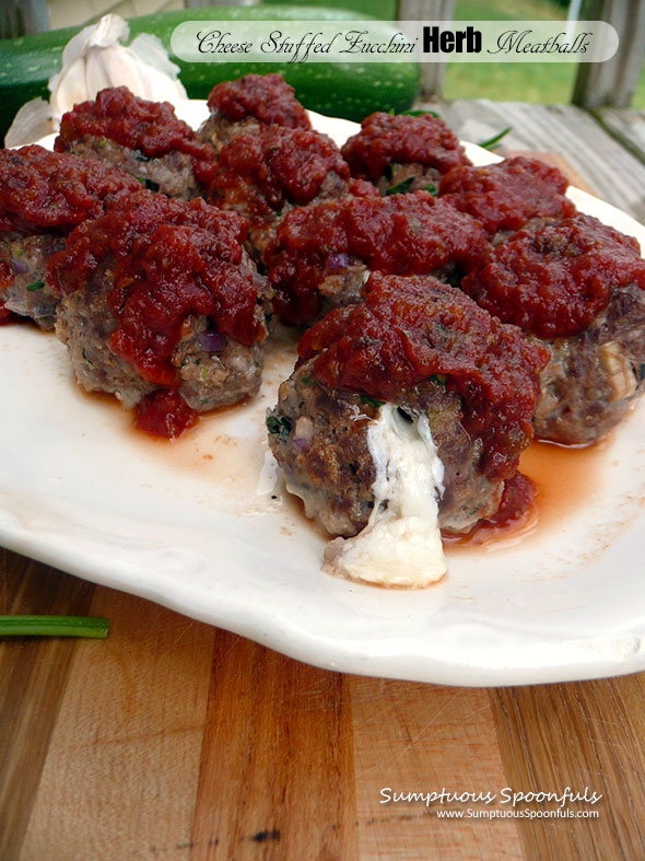 Cheese Stuffed Zucchini Herb Meatballs ~ Sumptuous Spoonfuls #meatball #recipe