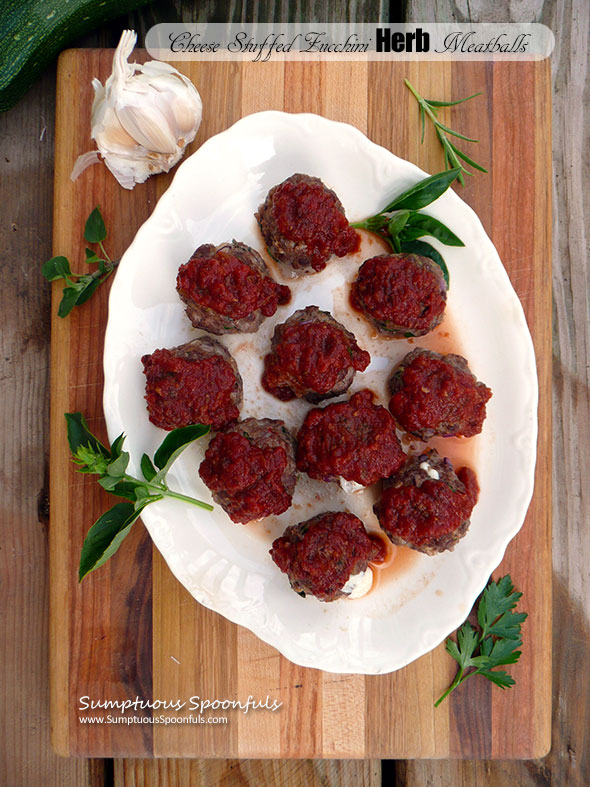 Cheese Stuffed Zucchini Herb Meatballs ~ Sumptuous Spoonfuls #meatball #recipe