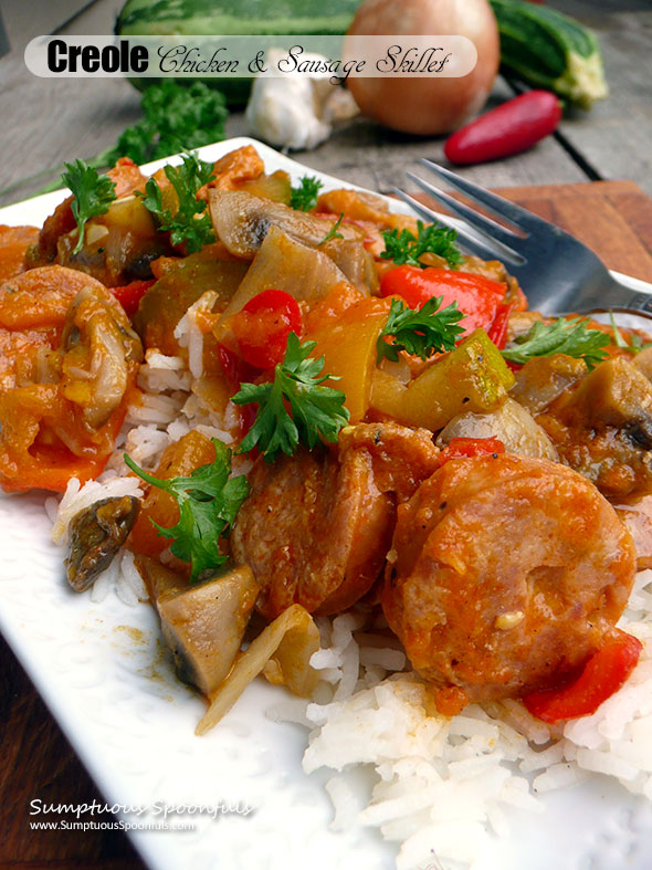 Creole Chicken & Sausage Skillet ~ Sumptuous Spoonfuls #creole #stirfry #dinner #recipe