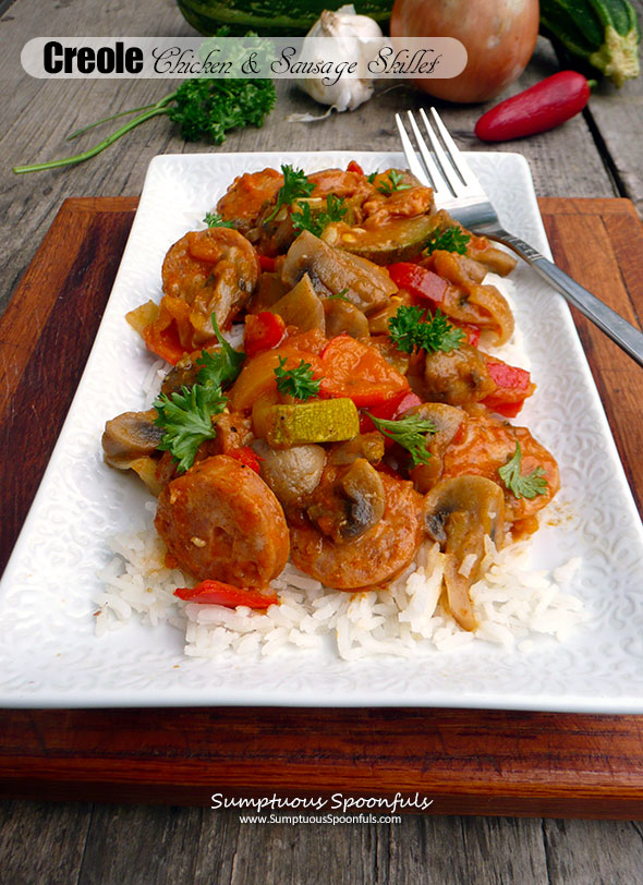 Creole Chicken & Sausage Skillet ~ Sumptuous Spoonfuls #creole #stirfry #dinner #recipe