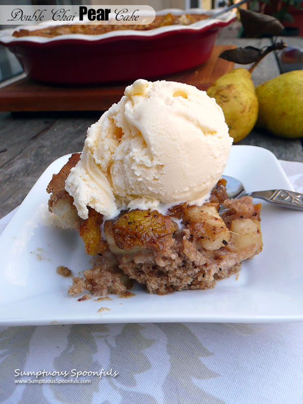 Double Chai Pear Cake ~ Sumptuous Spoonfuls #pear #dessert #cake #recipe