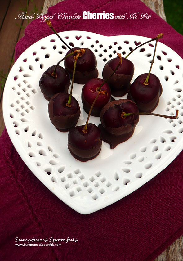 Hand-dipped Chocolate Covered Cherries - Pit-less! ~ Sumptuous Spoonfuls #easy #dessert #recipe #diy #cherrypitter