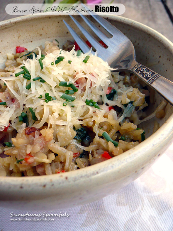 Bacon Spinach Wild Mushroom Risotto ~ Sumptuous Spoonfuls #Italian #risotto #recipe 